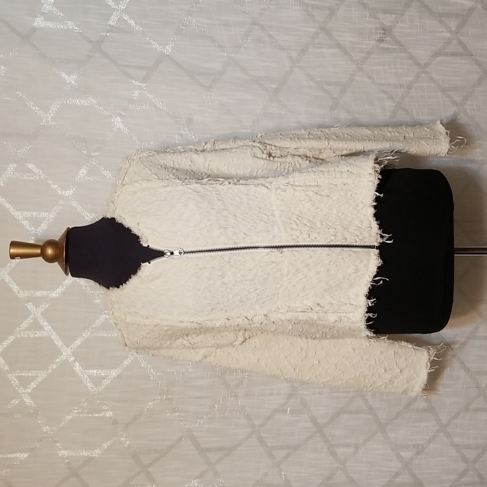 Free People Jacket Size XS Cream Ivory Oversized Fringed Frayed Textured Fall